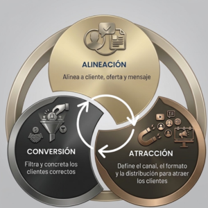Diagrama de los pilares del Sistema Atrae: Avatar, Oferta, Sistema, Atracción, Comunicación, Conversión